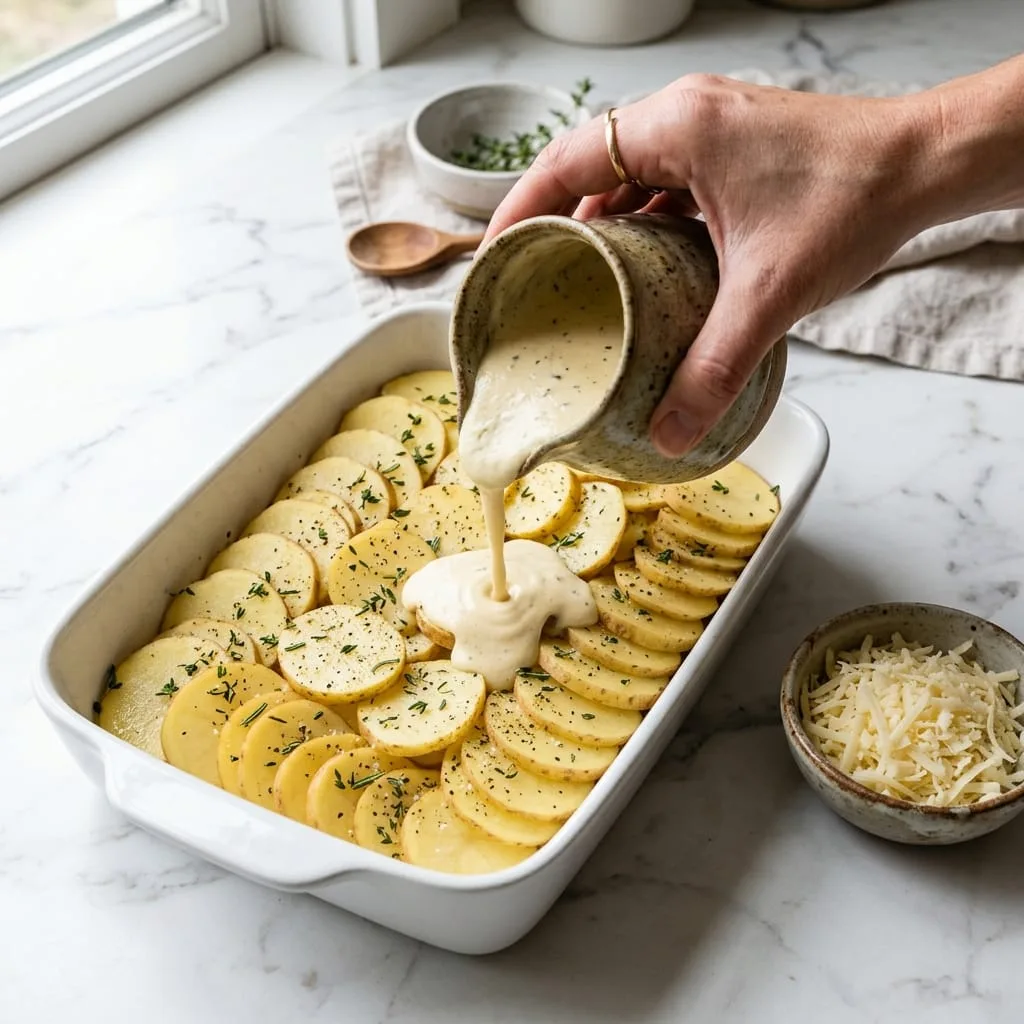 Pouring warm velvety garlic cream sauce over sliced potatoes in baking dish