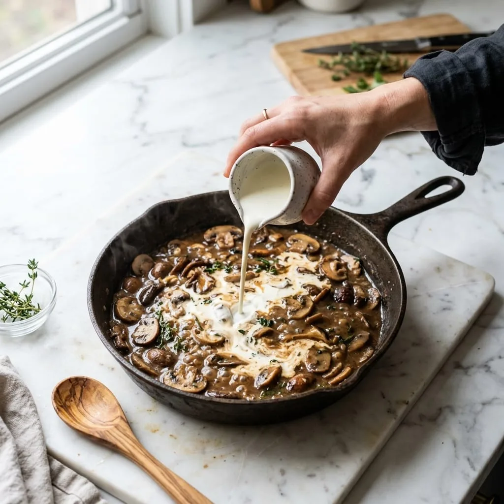 Pouring heavy cream into skillet with sautéed mushrooms