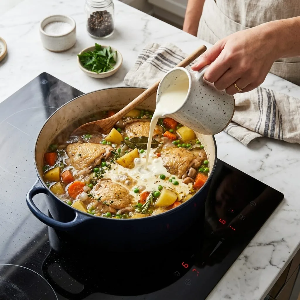 Pouring heavy cream into simmering chicken stew with potatoes and peas