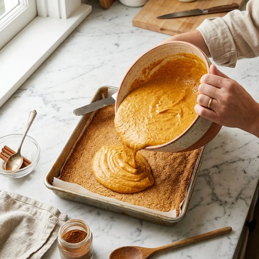 Pouring pumpkin cream cheese filling over yellow cake crust base in baking dish
