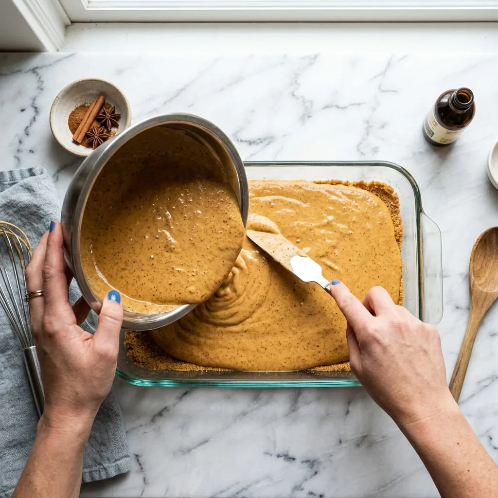 Pouring spiced pumpkin custard into 9x13 baking dish