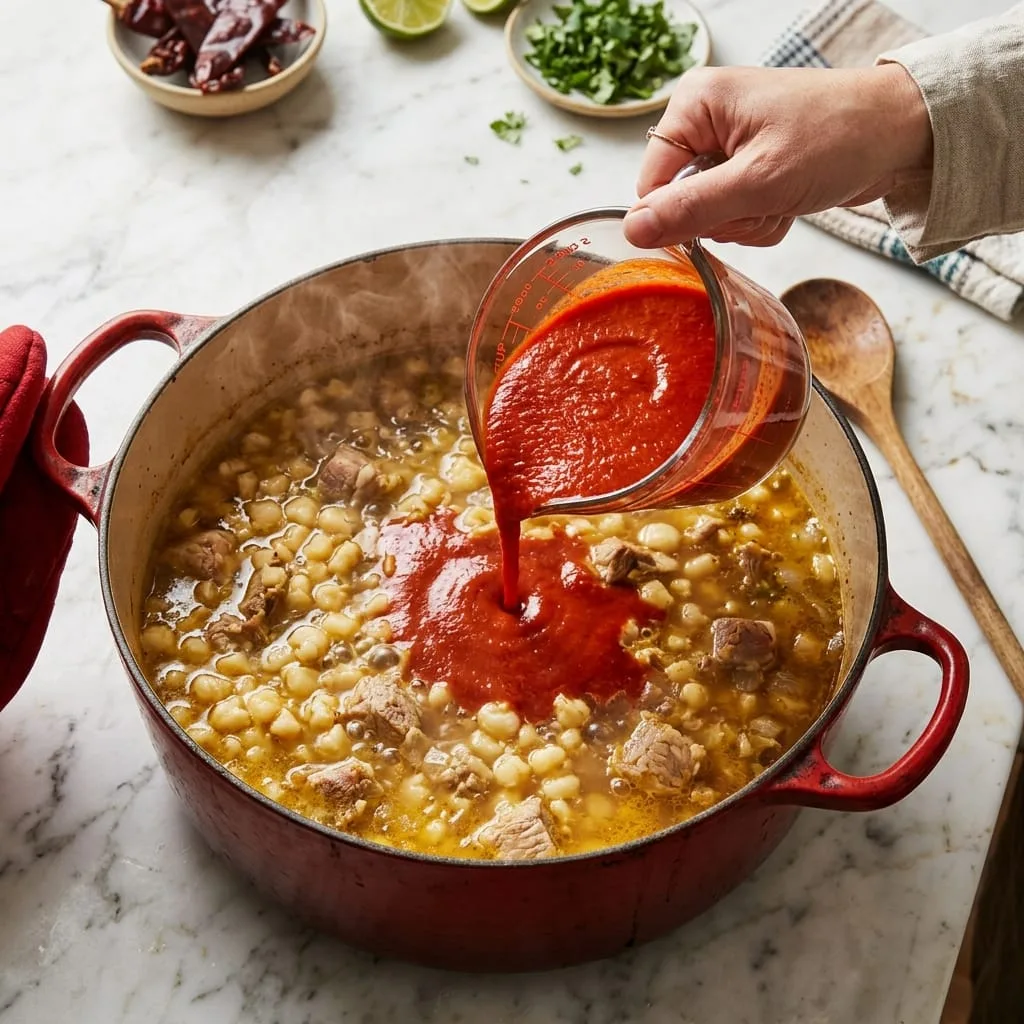Pouring blended red chile sauce into simmering pork and hominy broth