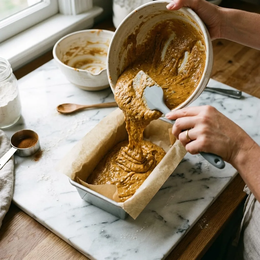 Pouring spiced sourdough pumpkin batter into parchment-lined loaf pan