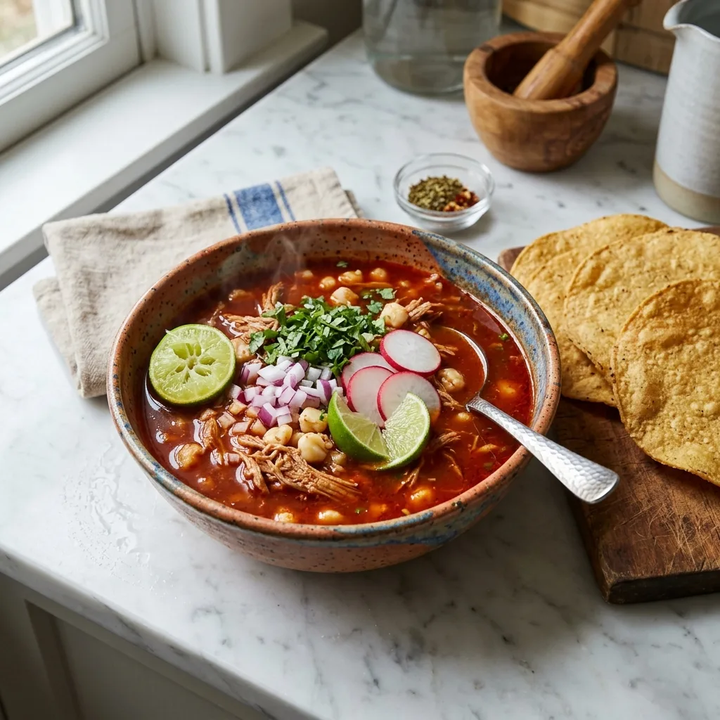 Plated Pozole Rojo with fresh toppings