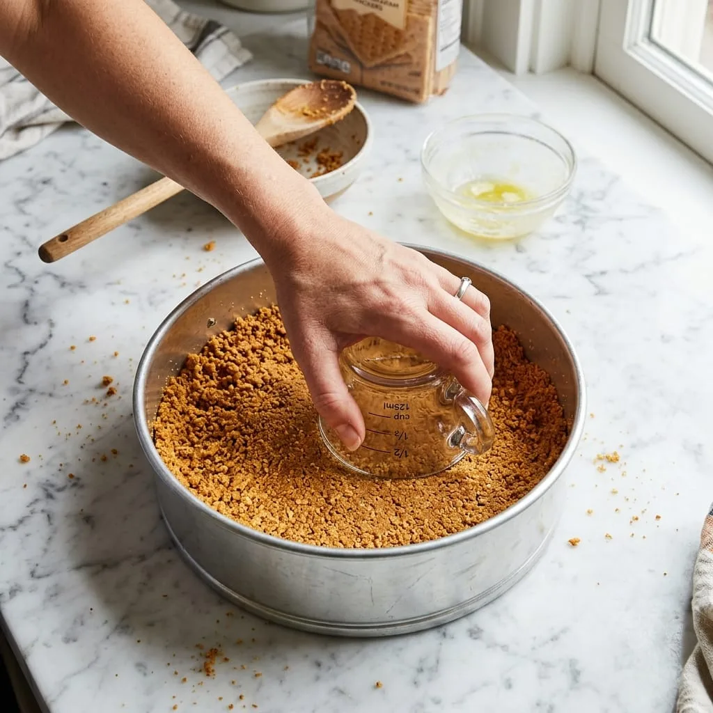 Pressing buttery gingersnap and graham cracker crust into 9-inch springform pan