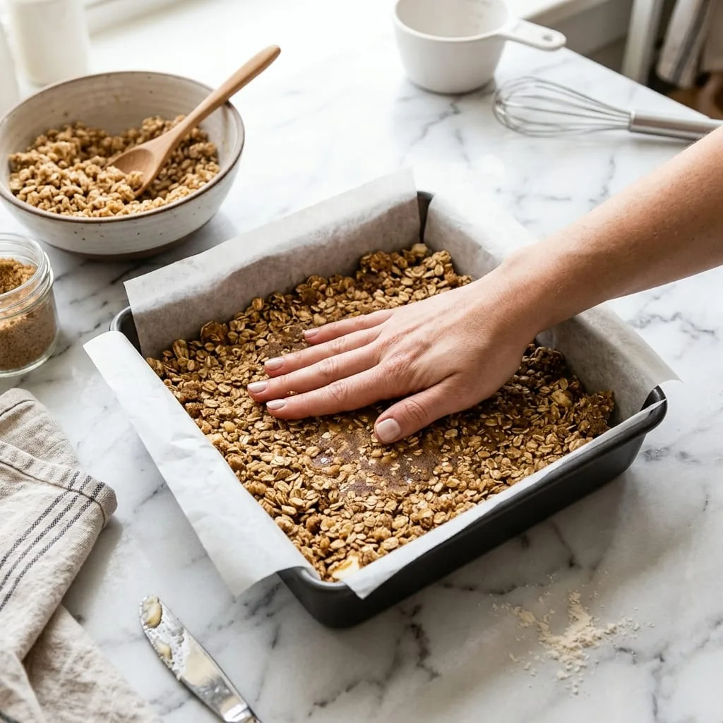 Pressing buttery rolled oat crumble mixture into parchment-lined baking pan