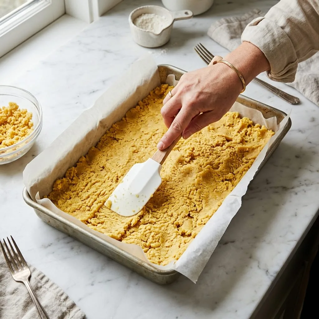 Pressing yellow cake mix crust into baking dish