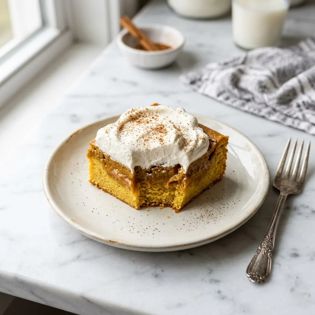 Slice of Pumpkin Gooey Butter Cake bar topped with whipped cream and cinnamon