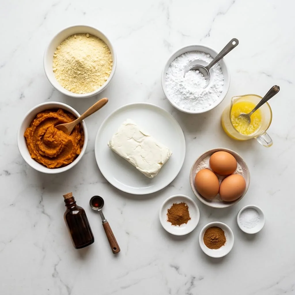 Pumpkin gooey butter cake ingredients laid out on white marble countertop