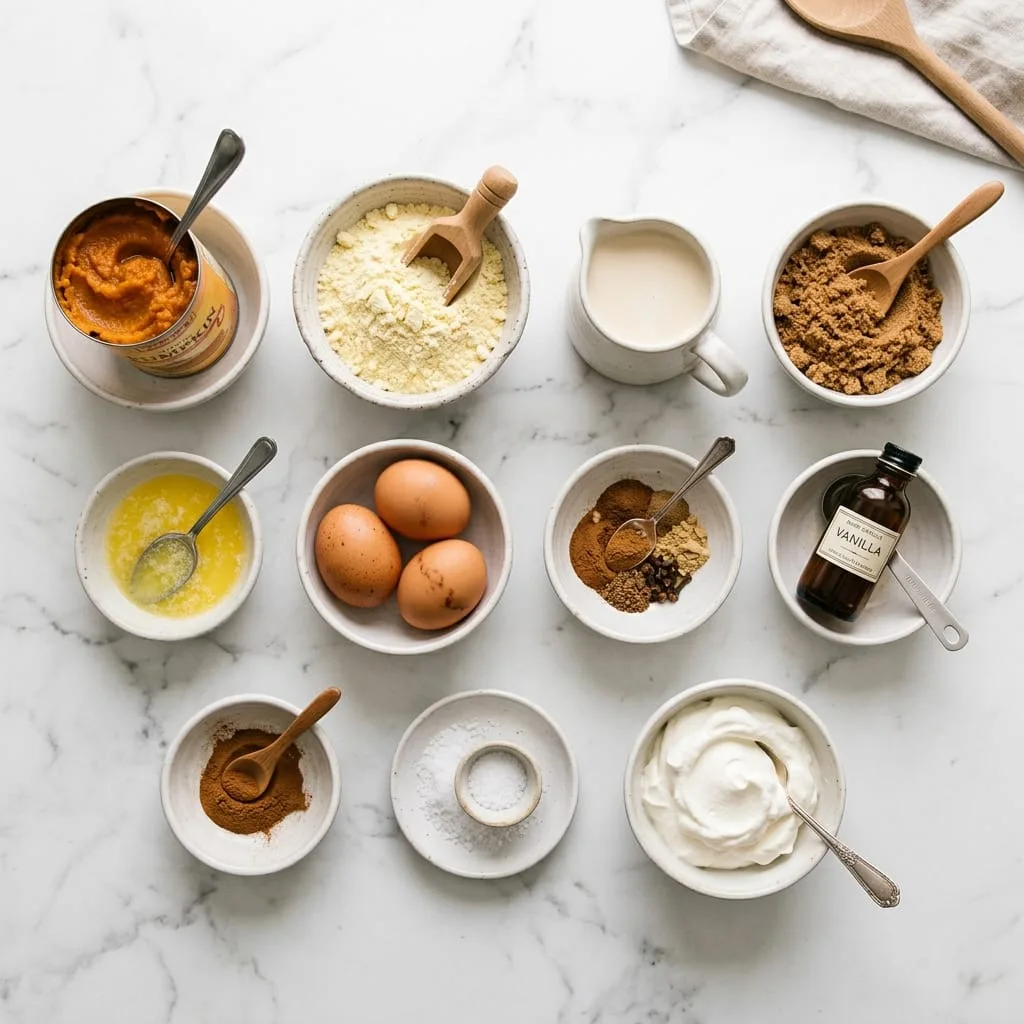 Pumpkin spice dump cake ingredients laid out on white marble countertop