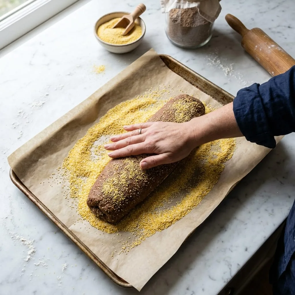 Rolling shaped honey wheat bread loaf in coarse yellow cornmeal