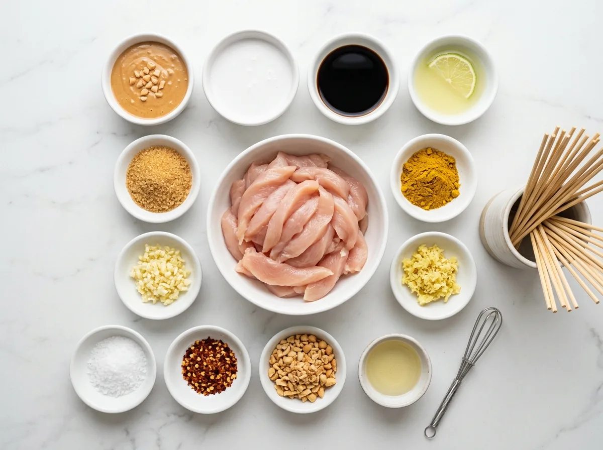 Satay Chicken ingredients laid out on white marble counter