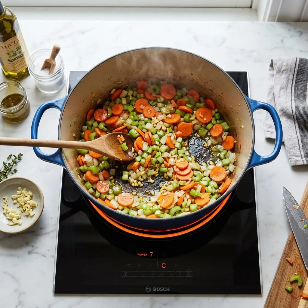 Sautéing carrots, celery, onions, and garlic in Dutch oven
