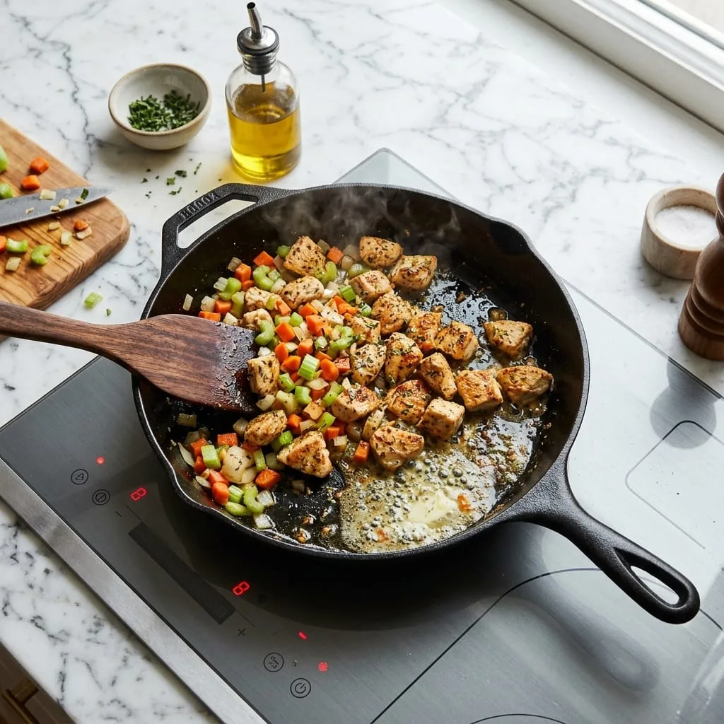 Sautéing chicken, carrots, celery, and onions in cast iron skillet
