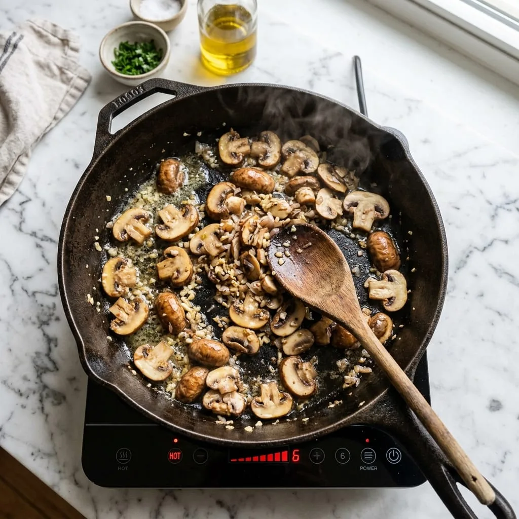 Sautéing cremini mushrooms and garlic in skillet