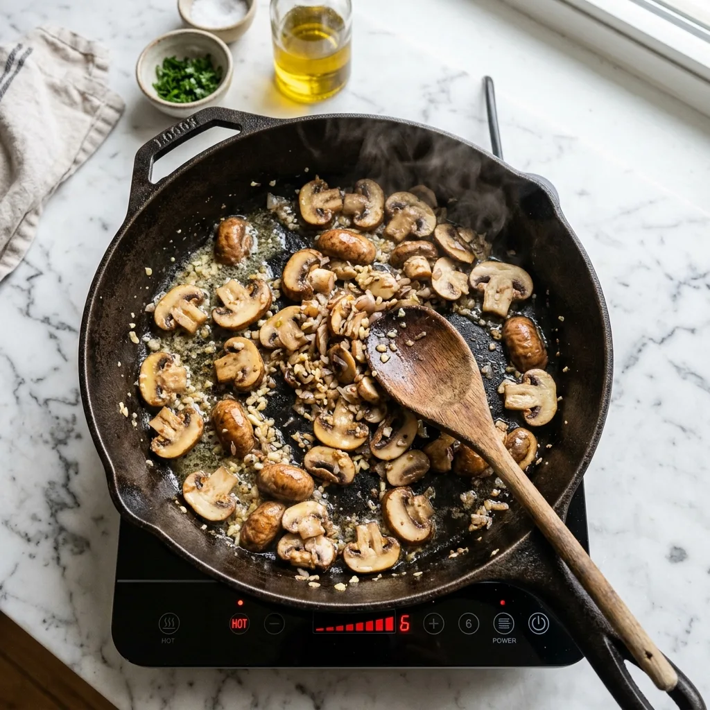 Sautéing cremini mushrooms and garlic in skillet
