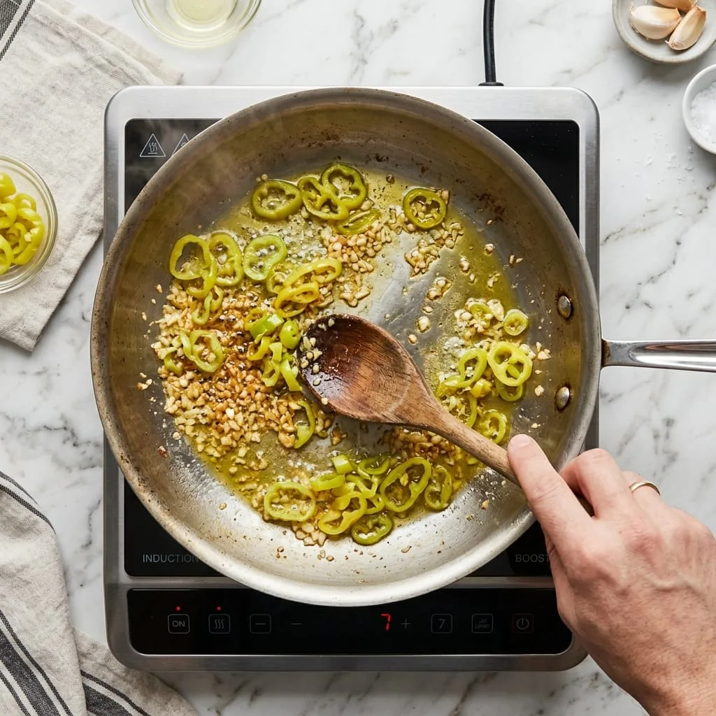 Sautéing garlic and pepperoncini rings in skillet