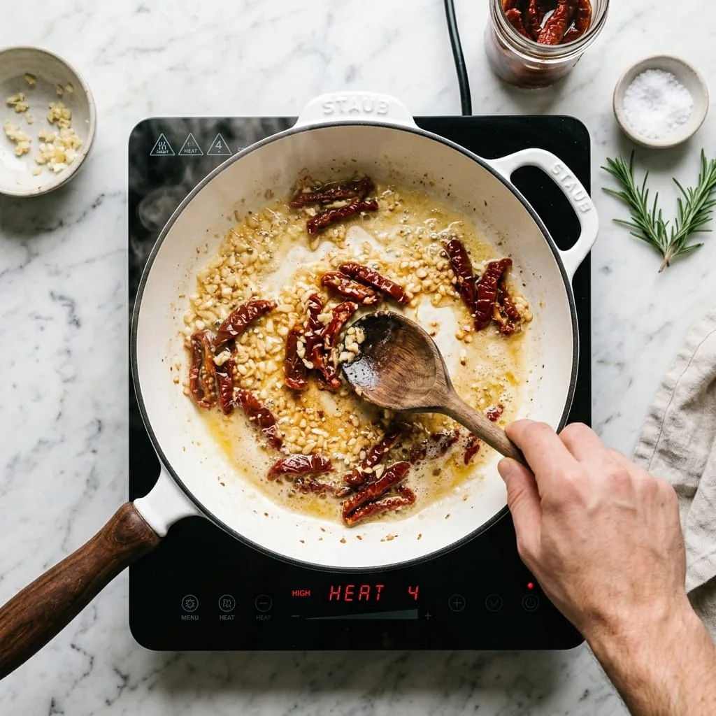 Sautéing minced garlic and sun-dried tomatoes in melted butter