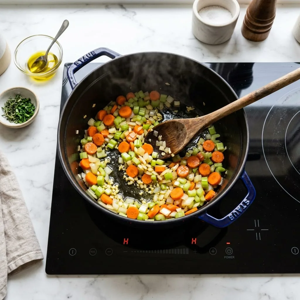 Sautéing carrots, celery, onions, and garlic in Dutch oven