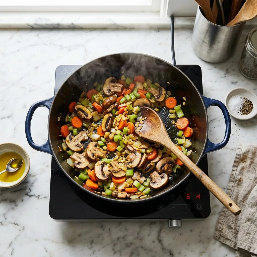 Sautéing mushrooms, carrots, and celery in Dutch oven