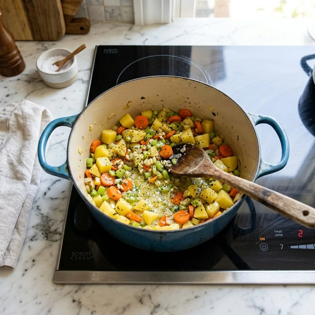 Sautéing potatoes, carrots, and celery in Dutch oven