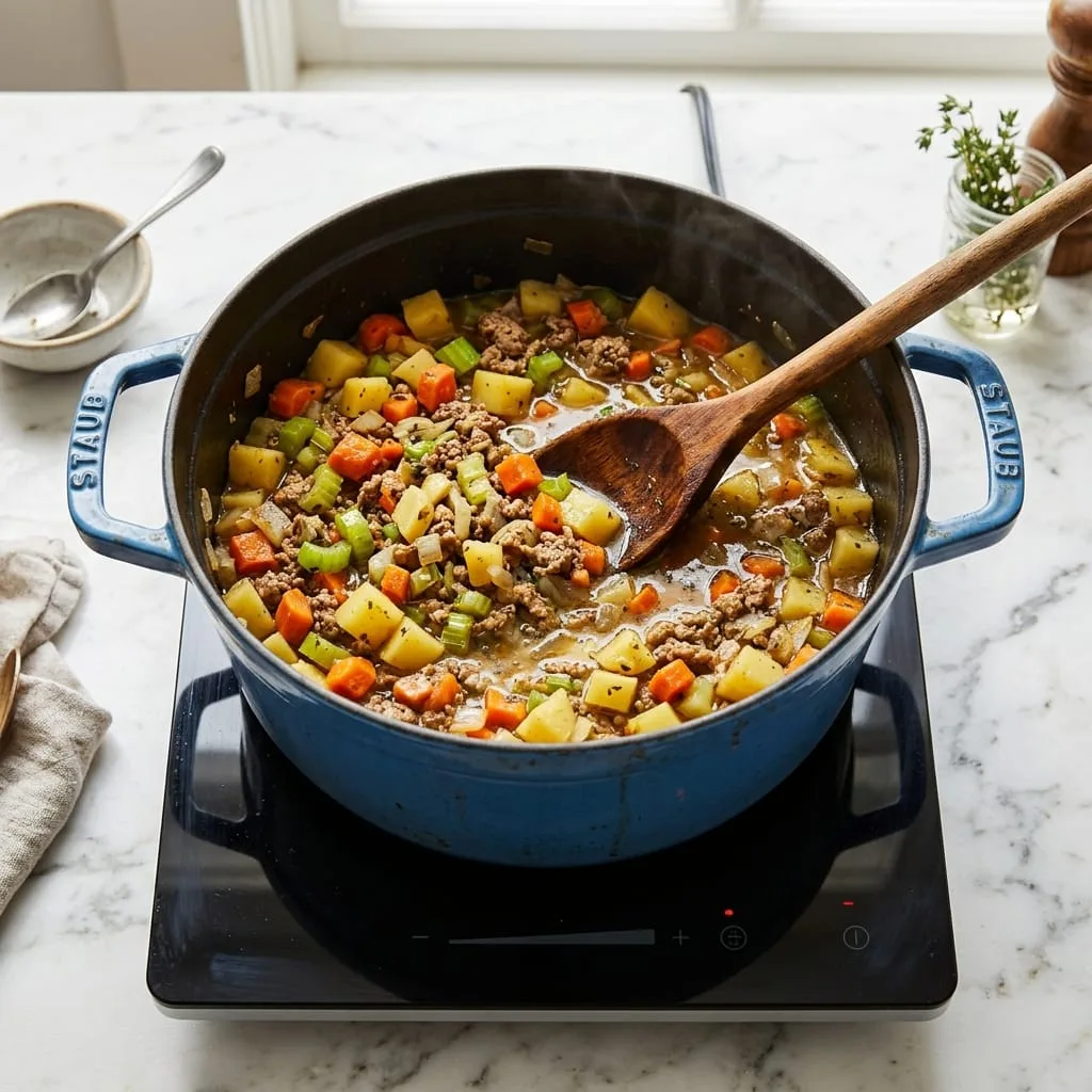 Sautéing potatoes, carrots, and celery in Dutch oven
