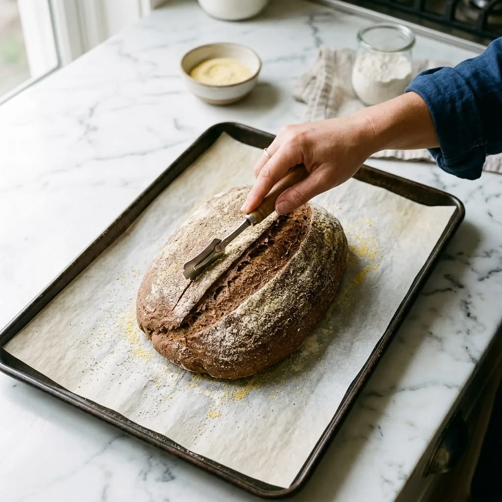 Scoring proofed dark honey wheat bread loaf with sharp lame