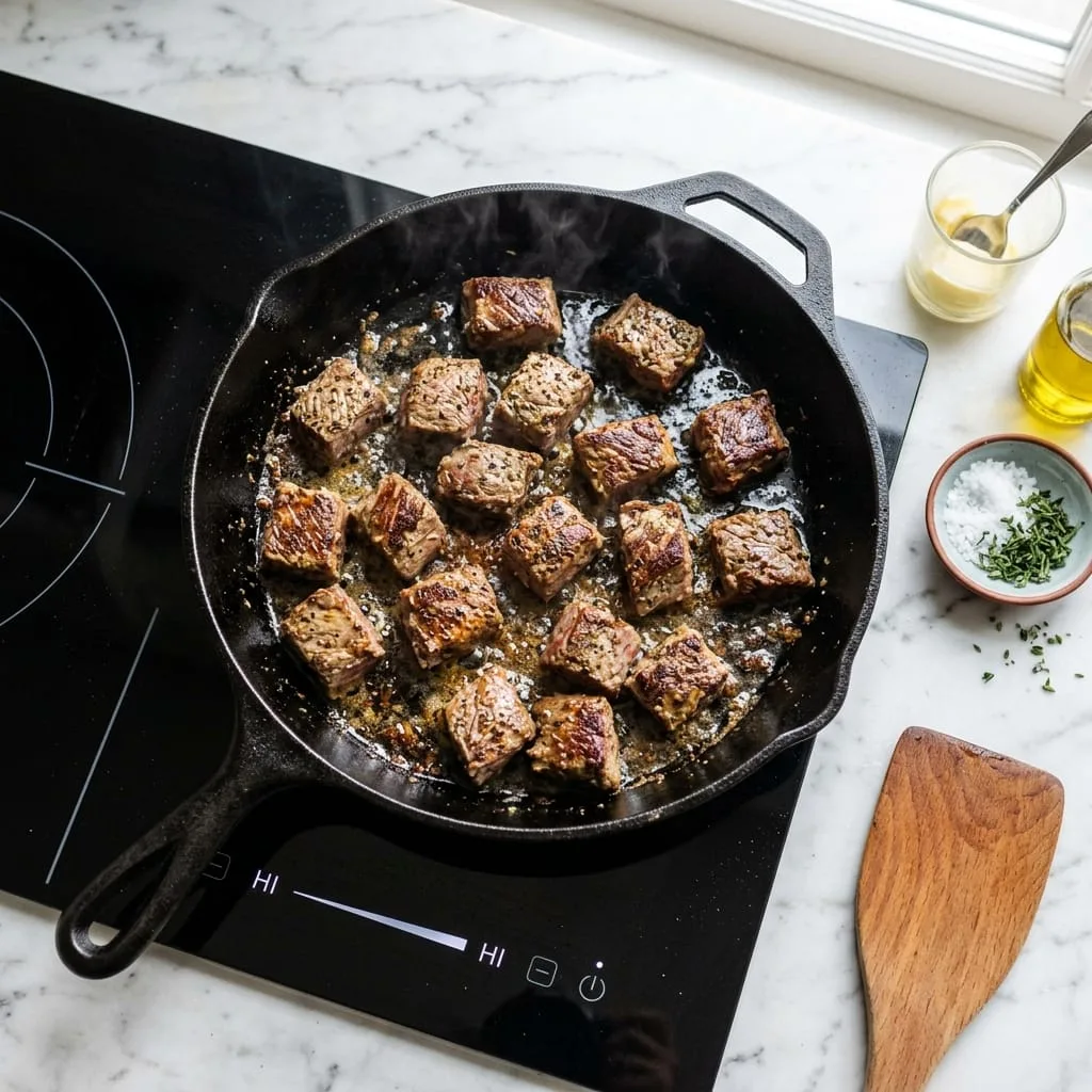 Pan-searing seasoned beef chuck cubes in skillet