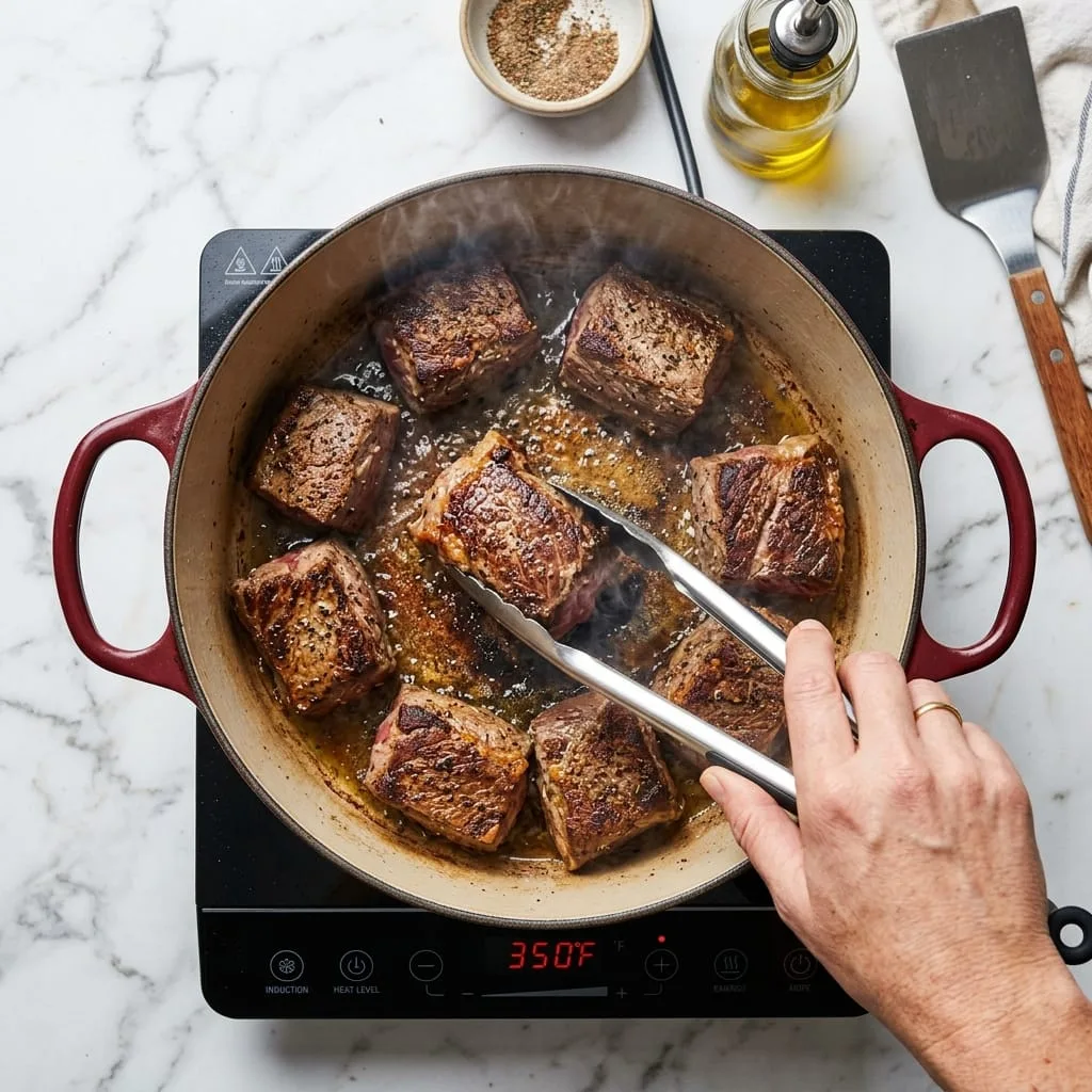 Searing seasoned beef chuck roast chunks in enameled Dutch oven