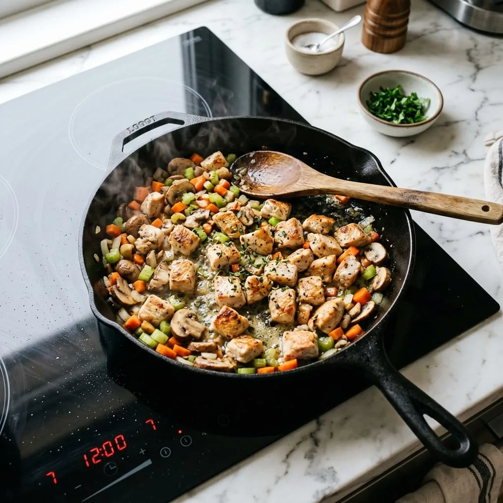 Searing chicken breast and sautéing mushrooms and vegetables in skillet