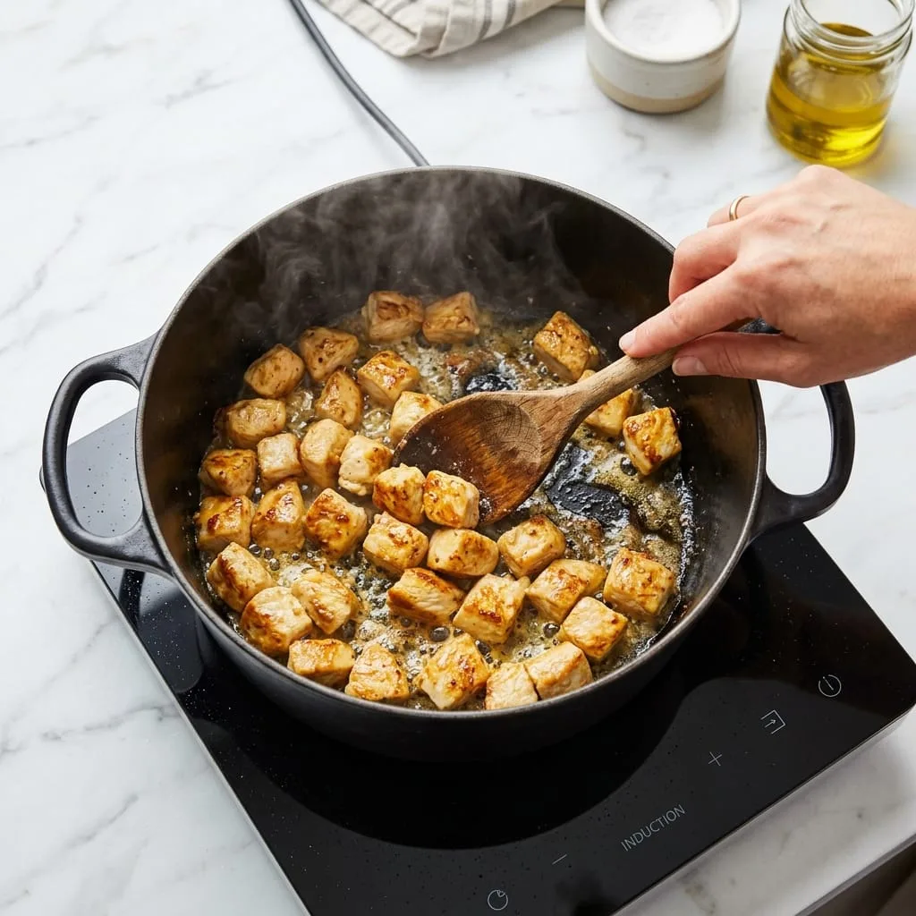 Searing seasoned diced chicken breast cubes in Dutch oven