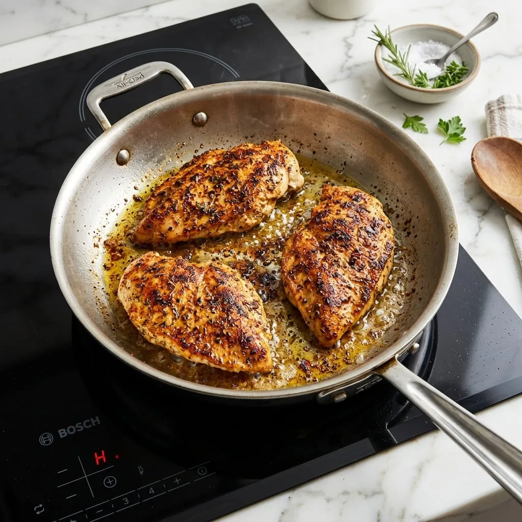 Pan-searing chicken cutlets in skillet to golden perfection