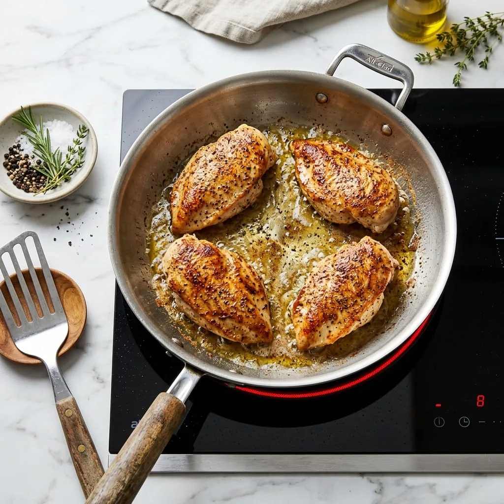 Pan-searing seasoned chicken breasts to golden brown in skillet