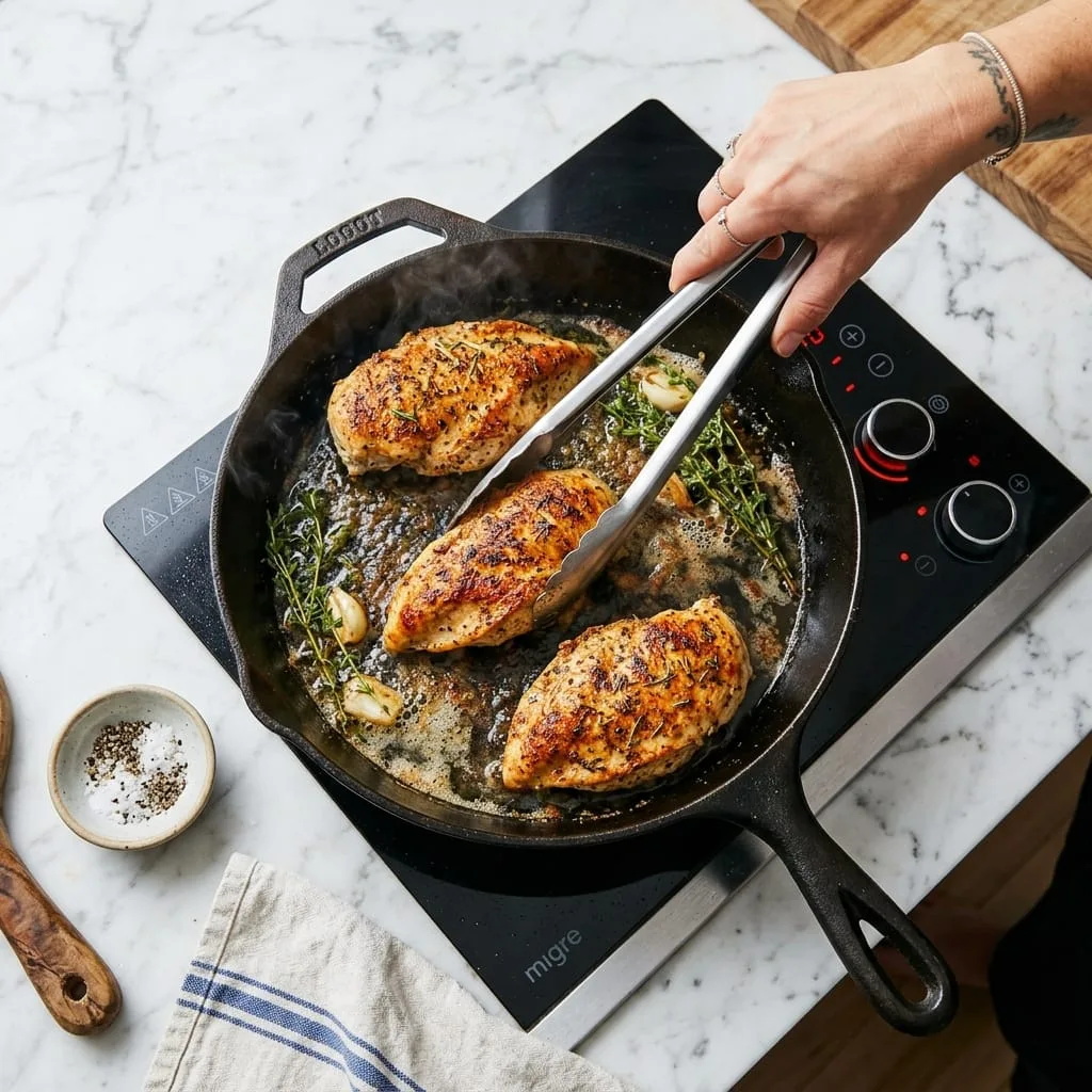 Searing seasoned chicken breasts in cast iron skillet