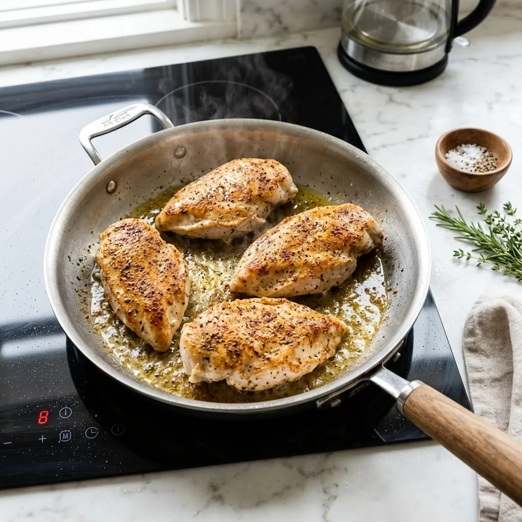 Searing four chicken breasts to golden brown in skillet