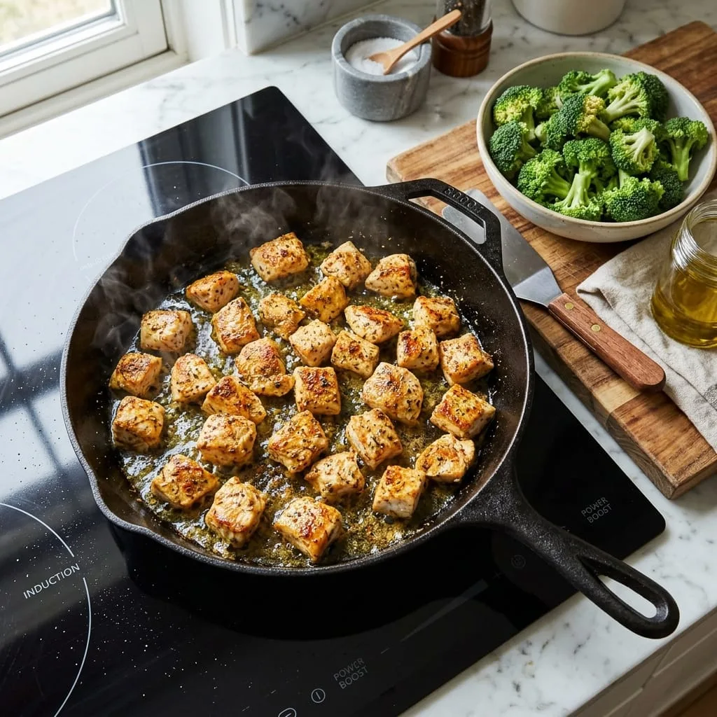 Searing seasoned chicken breast cubes in cast iron skillet