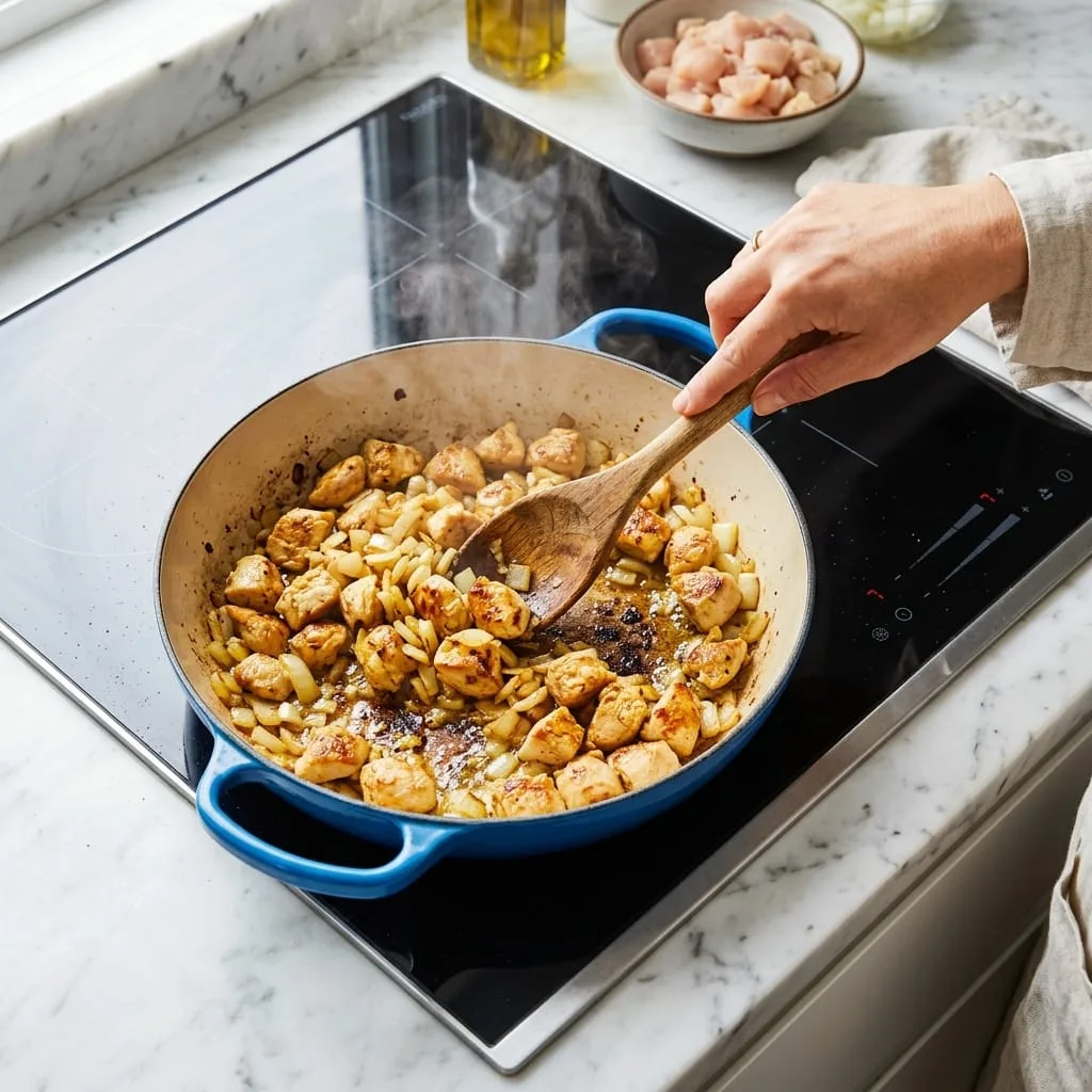 Searing chicken breast cubes and onions in blue braiser pan
