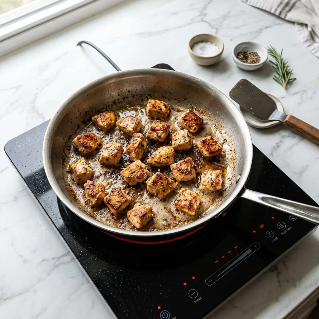 Searing seasoned chicken breast cubes in skillet