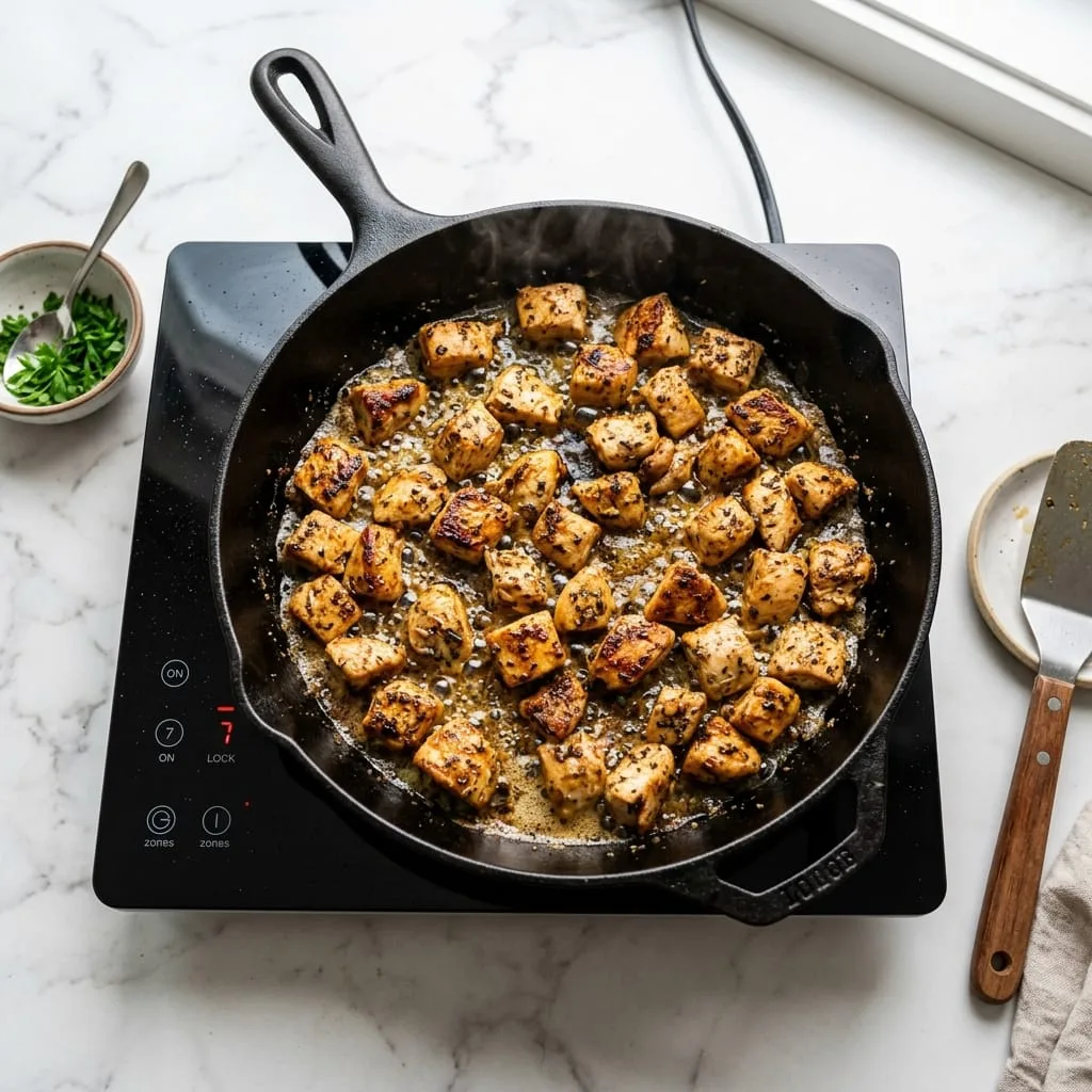 Pan-searing seasoned chicken cubes in skillet