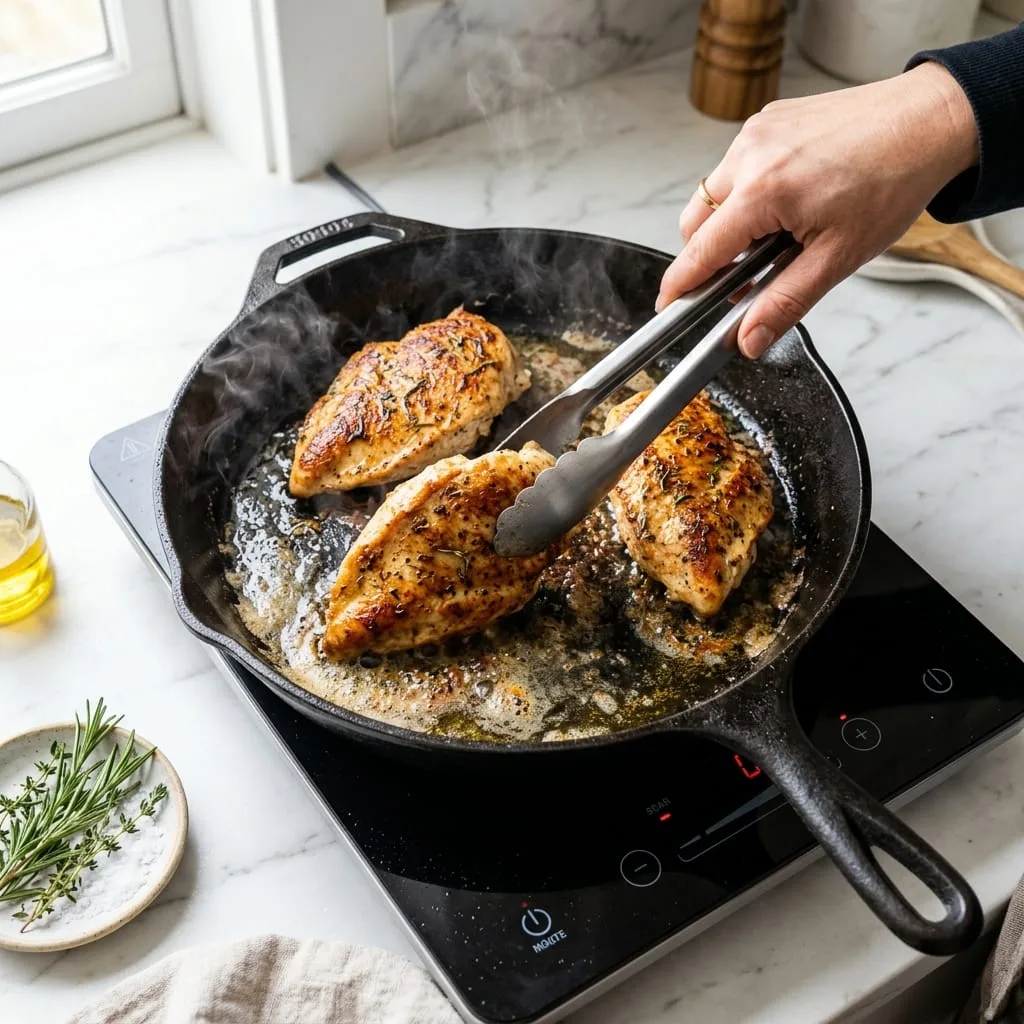 Searing seasoned chicken cutlets in cast iron skillet