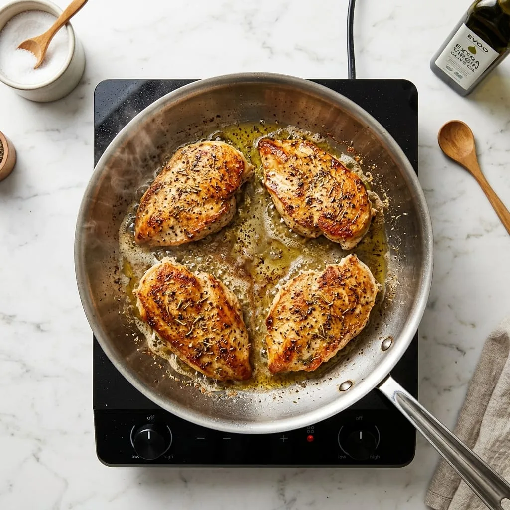 Pan-searing four chicken cutlets to golden perfection in skillet