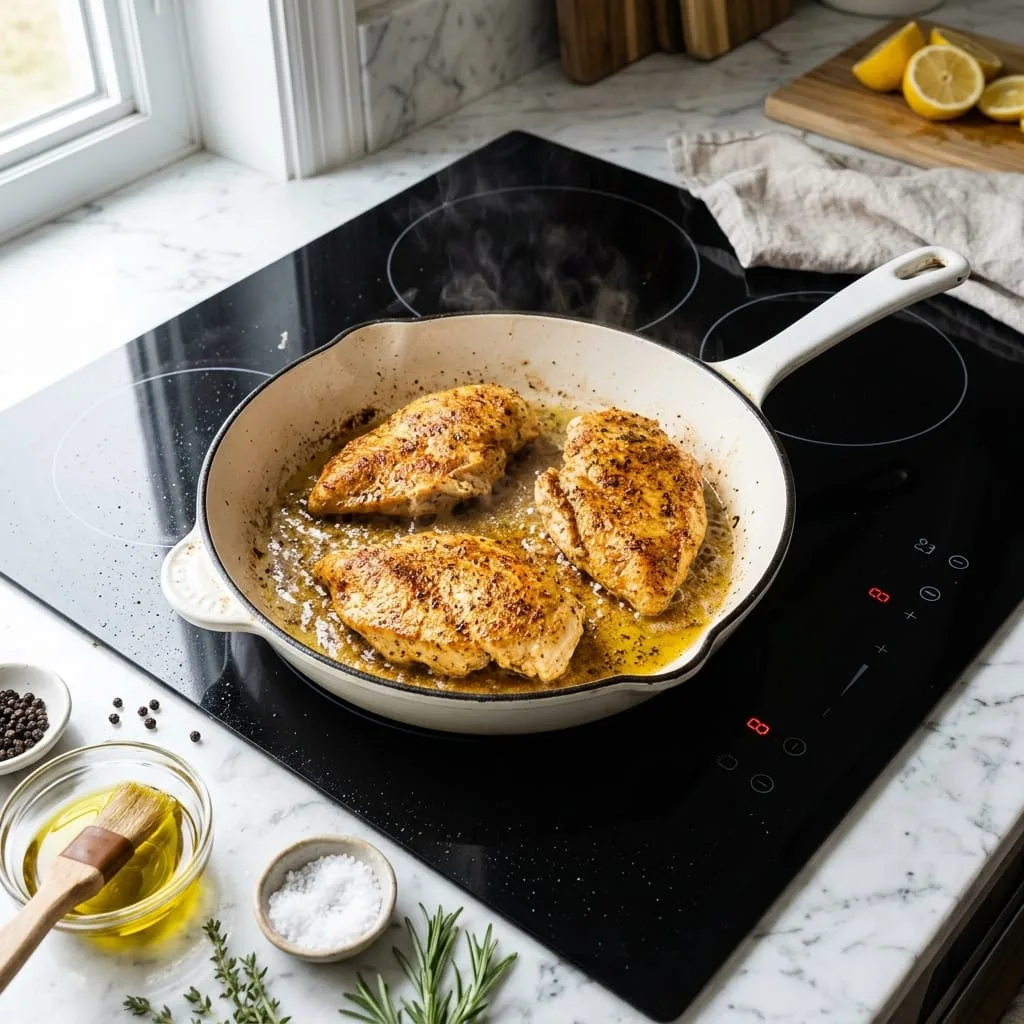 Searing golden seasoned chicken cutlets in skillet