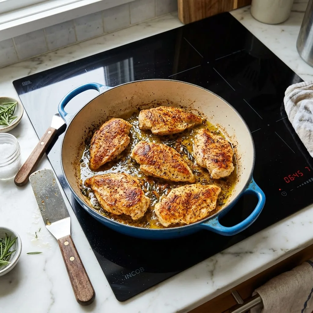 Pan-searing golden chicken cutlets in Dutch oven