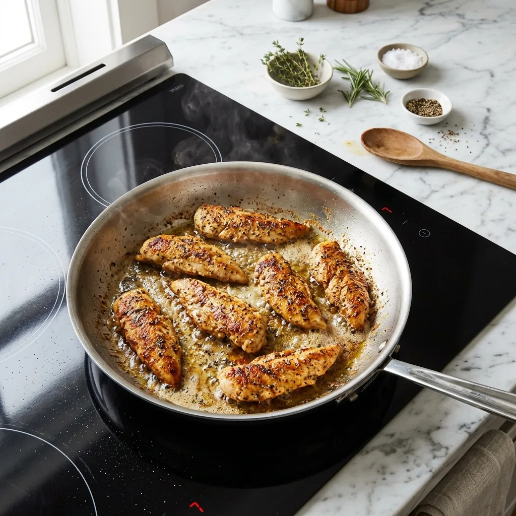 Searing chicken tenderloins in skillet