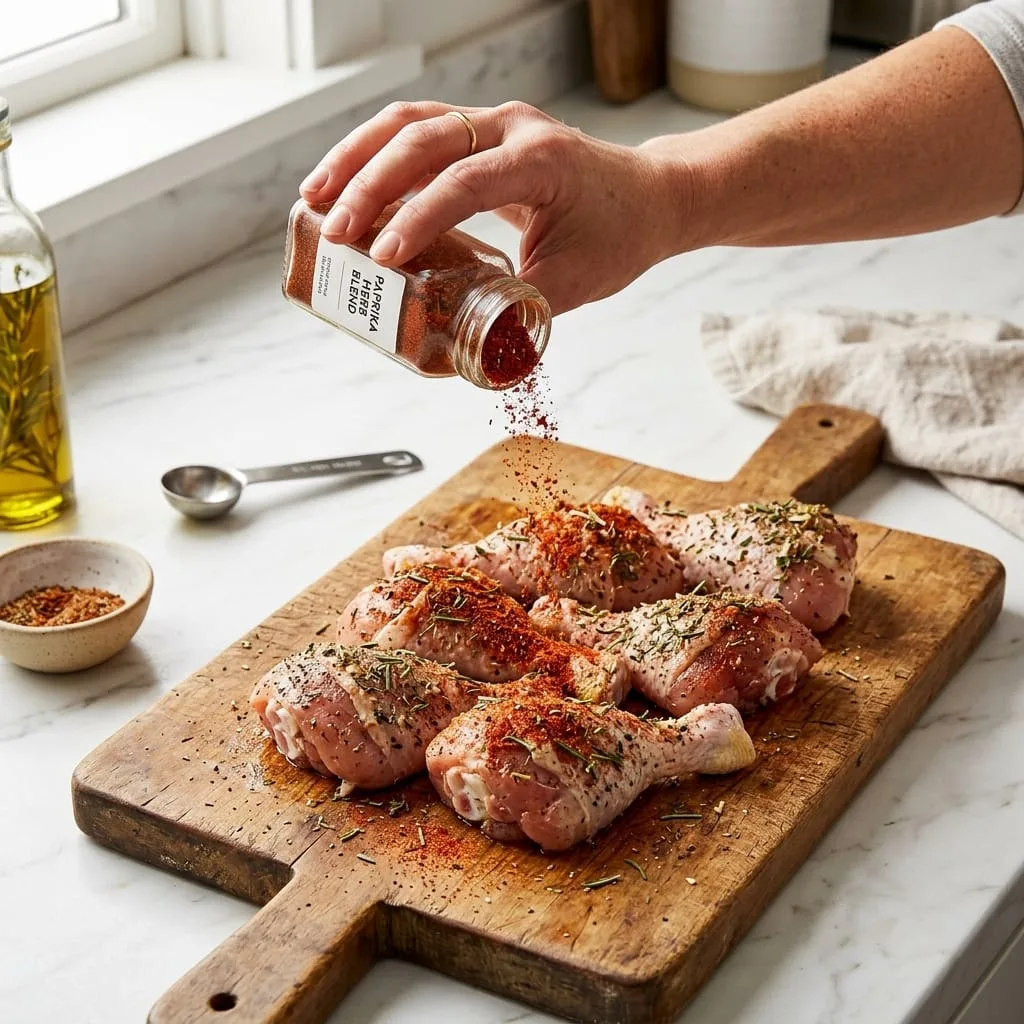 Sprinkling paprika garlic herb spice blend over chicken drumsticks