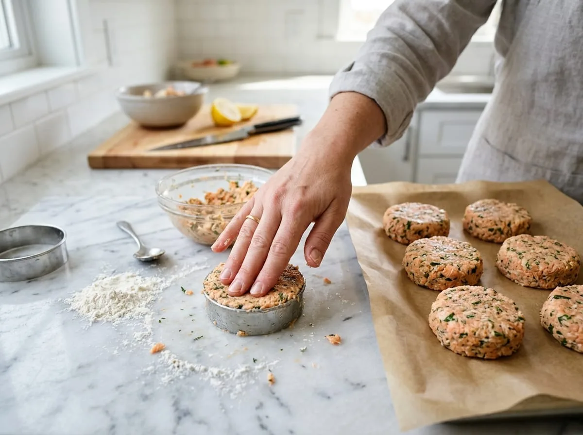 Shaping compact salmon patties on baking sheet