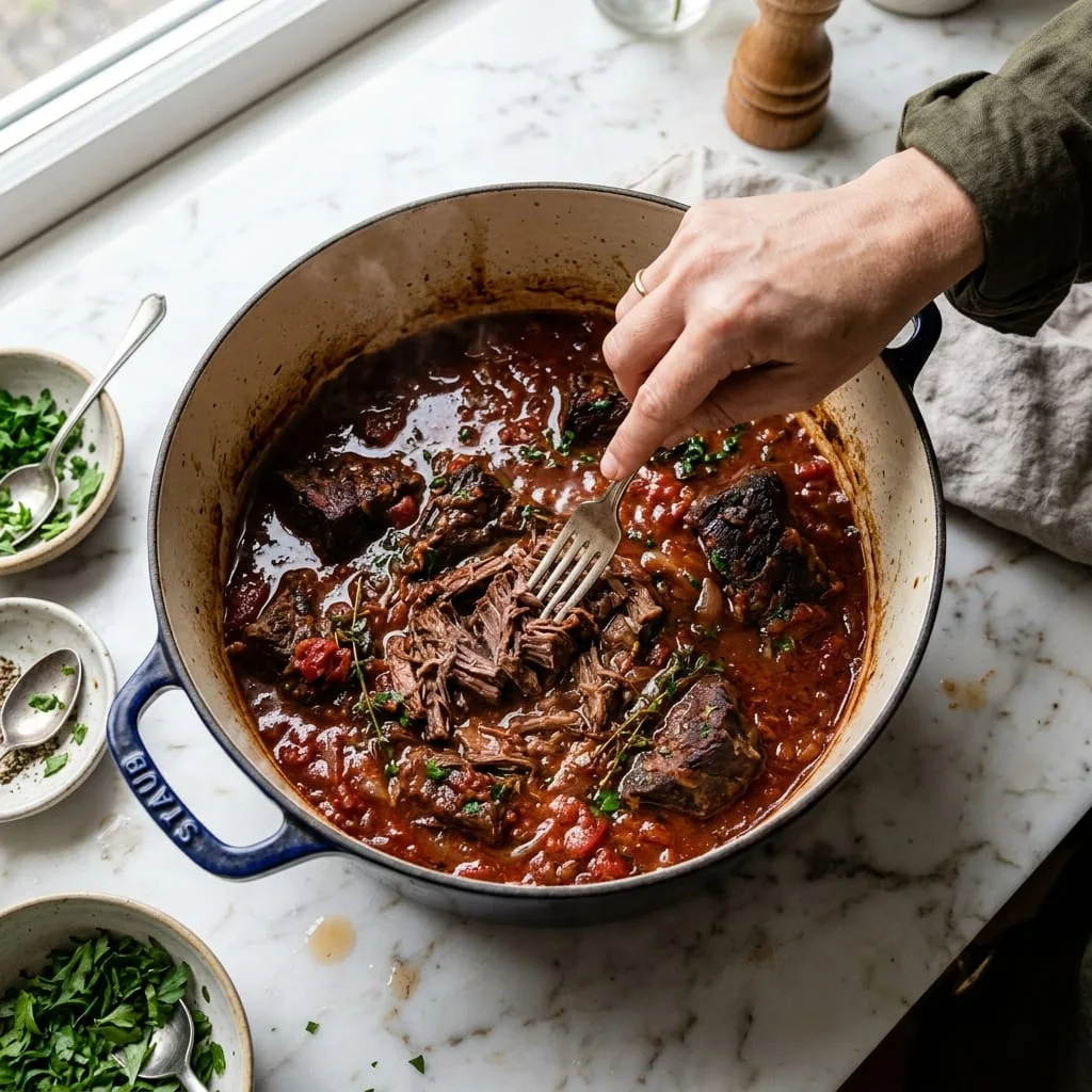 Shredding fork-tender braised beef into rich red wine tomato sauce