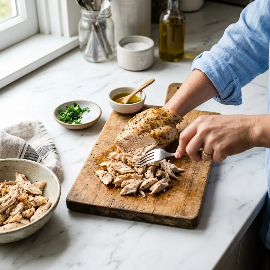 Shredding juicy cooked chicken meat on wooden cutting board with fork