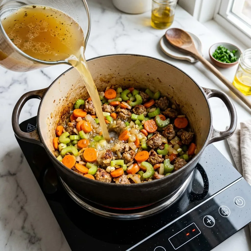 Simmering mirepoix veggies and chicken broth with sausage in soup pot