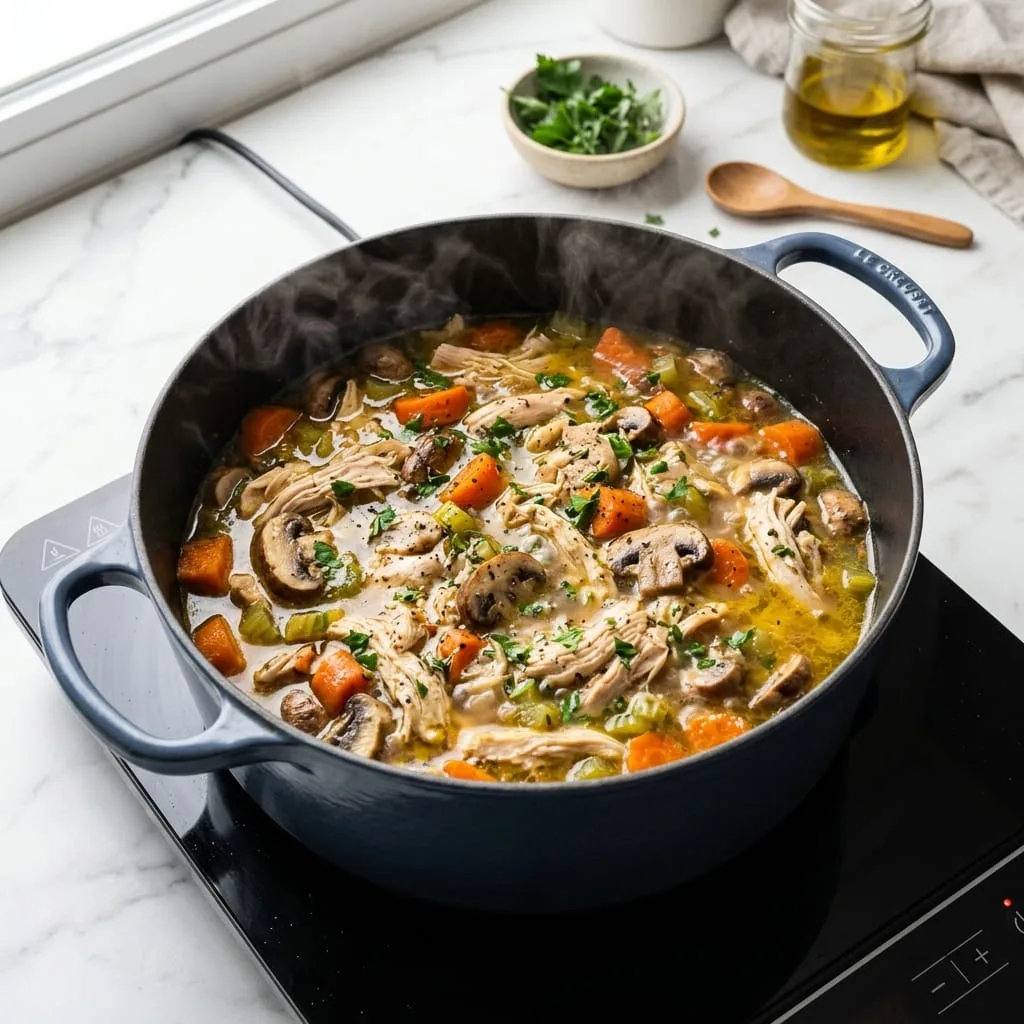 Simmering chicken bone broth and shredded chicken in Dutch oven